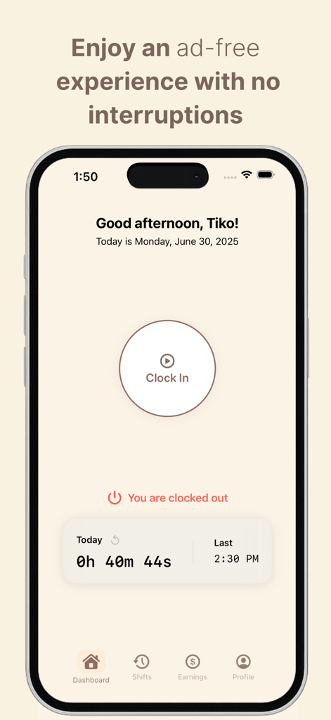 Timely - Track Your Hours - Das Timely App-Dashboard zeigt eine Ein-Tipp-Einchecken-Schaltfläche und eine werbefreie Benutzeroberfläche