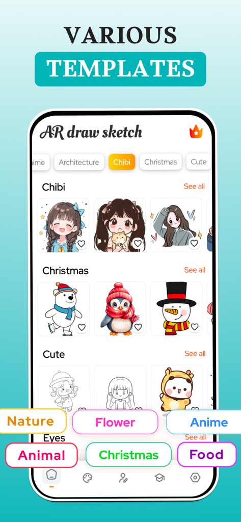 AR Draw: Trace & Paint - Mobile screen of AR Draw app displaying various drawing templates like Chibi and Anime for tracing.