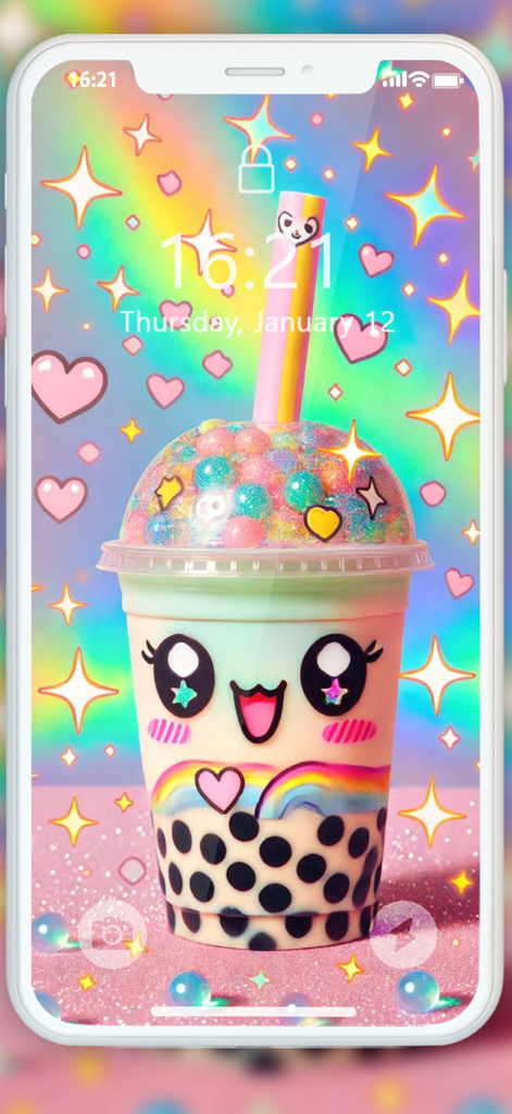 Cute Girly Wallpaper 4k - A cute kawaii boba tea character with pink hearts and sparkles on a colorful aesthetic background.