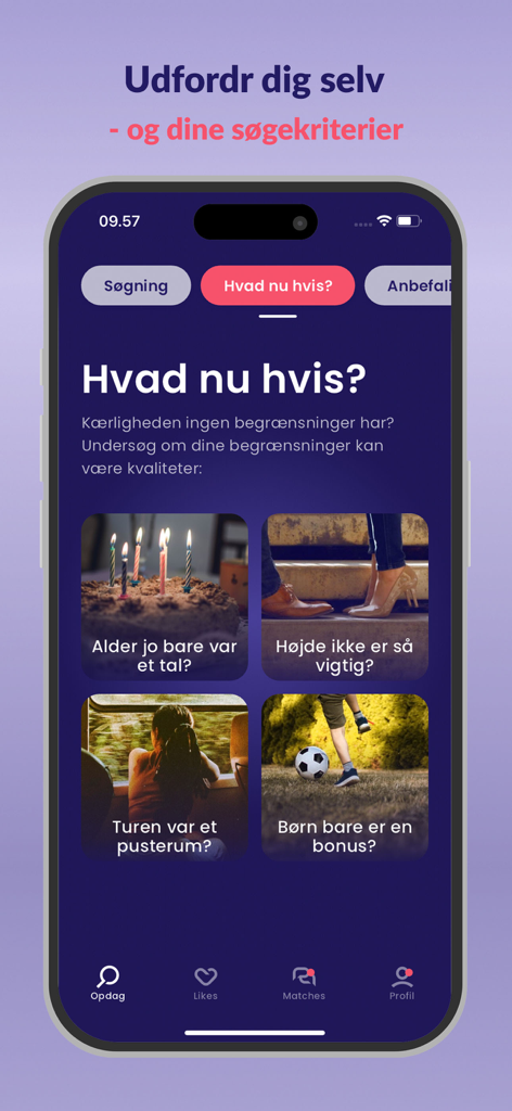 Dating.dk - Dating.dk app screenshot showing the what if feature for customizing search preferences in Danish.