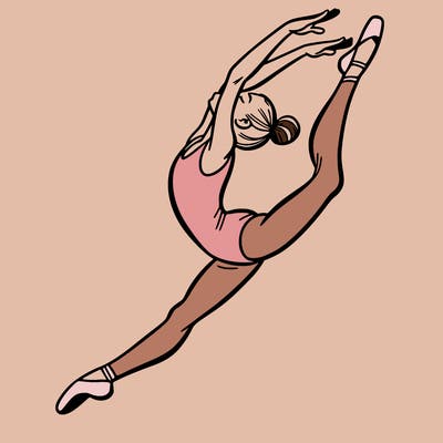 gymnast doing a leap in a leotard with a bent back leg