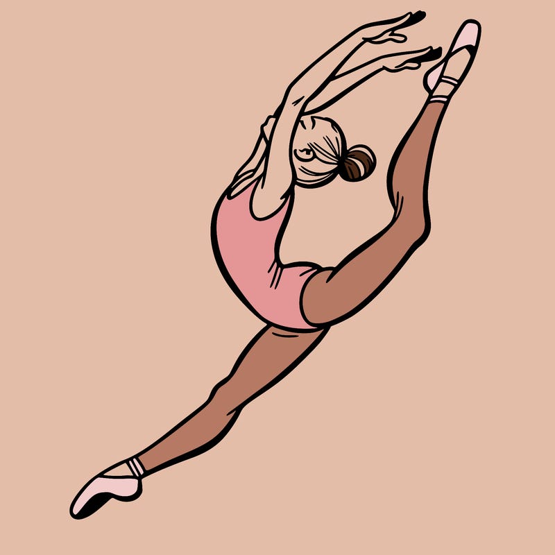 gymnast doing a leap in a leotard with a bent back leg