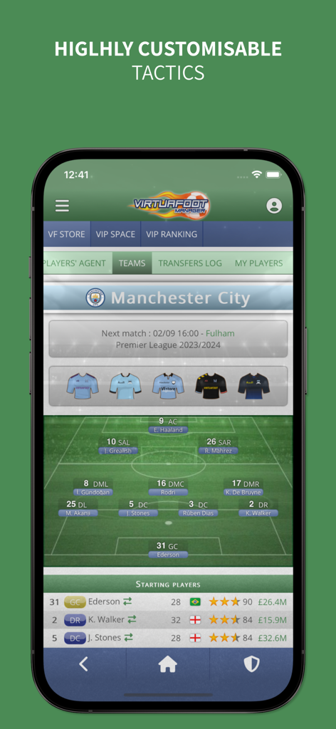 Virtuafoot Football Manager - Virtuafoot Football Manager app interface showing team formation and tactical player positioning
