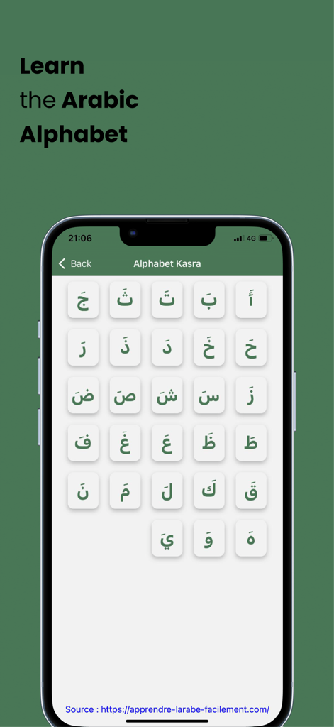 Taqwa Planner - Interface do aplicativo móvel Taqwa Planner mostrando uma grade para aprender o alfabeto árabe com sinais de Kasra.