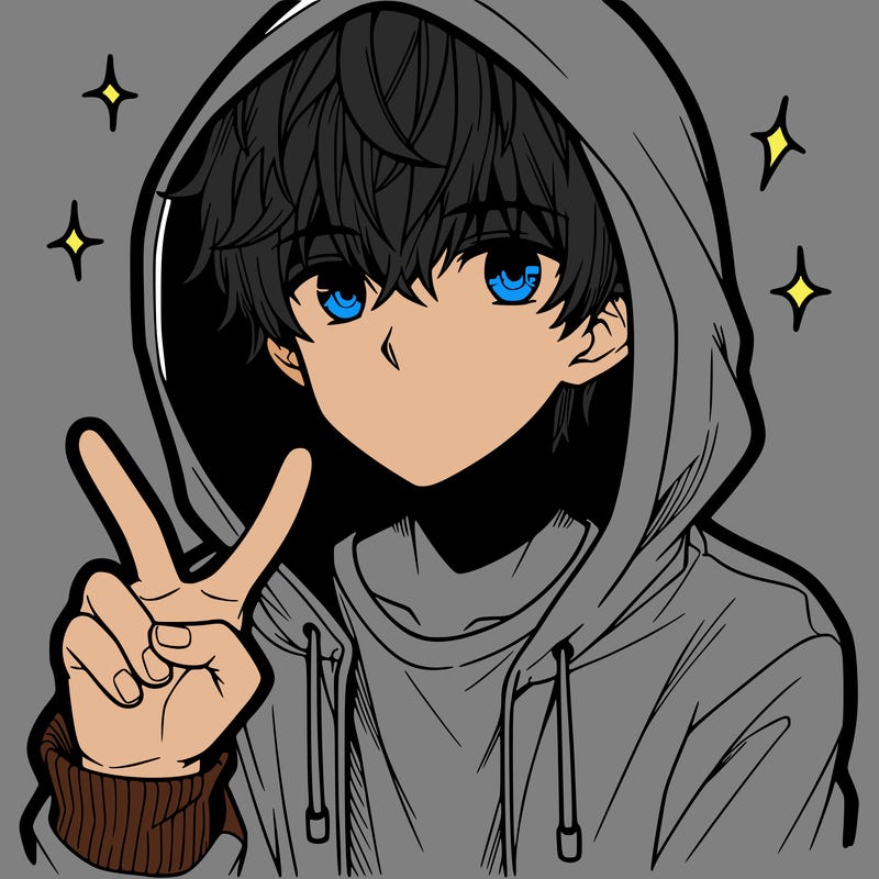 teenage manga boy in a hoodie, doing ✌