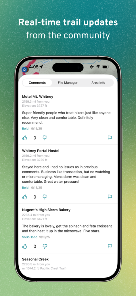 Interface of the FarOut app showing real-time community comments and updates for trail waypoints like hostels and bakeries