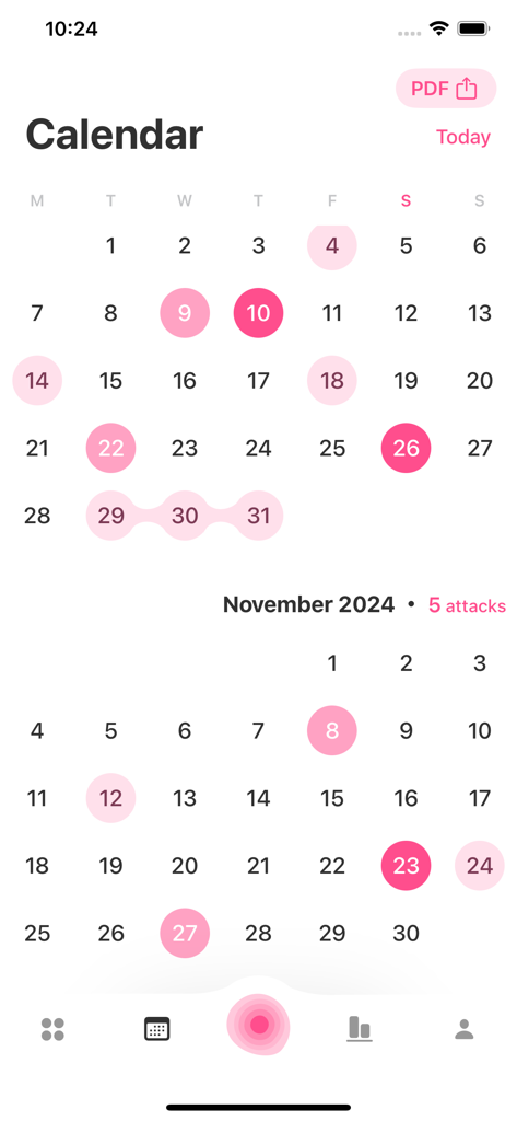Calendar view of a migraine tracking app showing logged headache days with pink and red circles