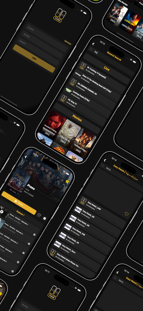Interface of 000 Player IPTV app on multiple iPhone screens showing live TV and movies