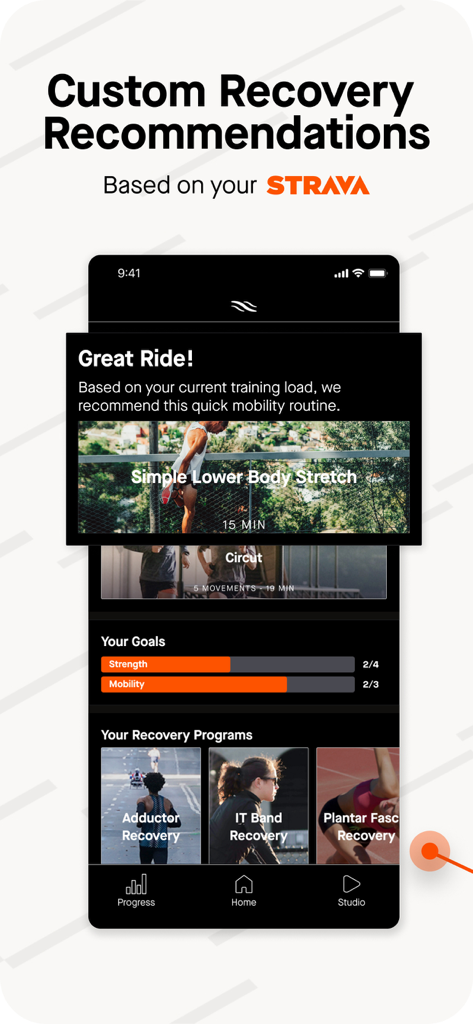 Recover Athletics app interface showing personalized recovery routines and mobility exercises based on Strava training data.