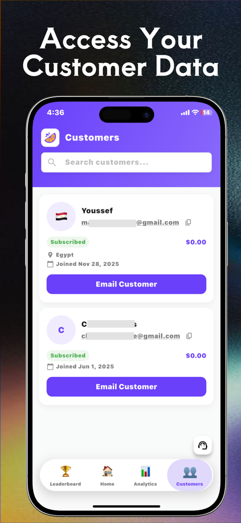 Écran de gestion des clients dans l'application Lemon Squeezy Manager montrant les e-mails des utilisateurs et le statut de l'abonnement