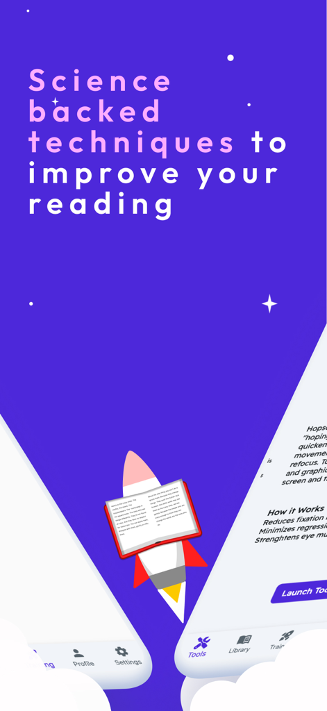 Speed Reading | Acceleread - Marketing screen for Acceleread app showing science backed techniques to improve reading speed with a rocket and book graphic