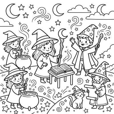 Unleash your child's imagination with this delightful coloring page featuring friendly wizards, mischievous witches, and their magical companions. Perfect for young spellcasters, this printable offers hours of creative fun in a whimsical world.