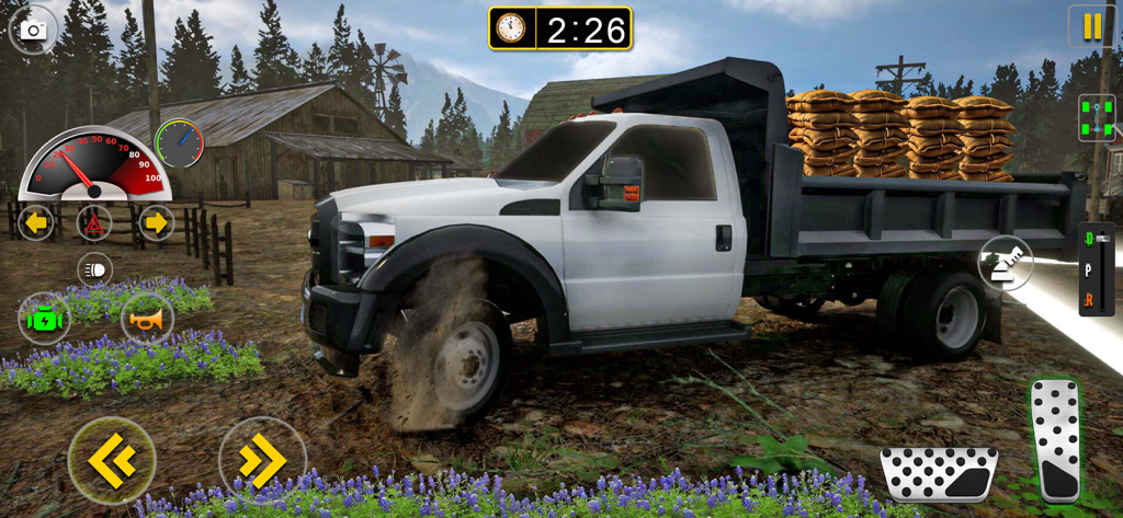 4x4 Offroad Car Simulator Game - A white pickup truck transporting cargo sacks in an offroad simulation game
