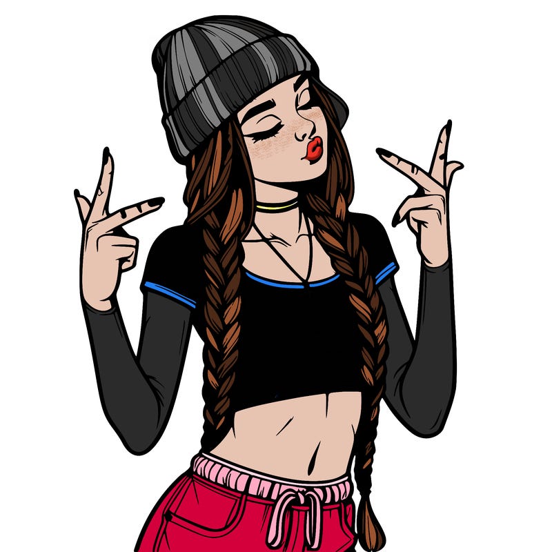 realistic teenage girl with braids and a beanie and crop top doing 🫶🏼
