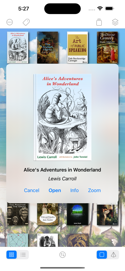 MapleRead CX - MapleRead CX library interface showing a collection of classic books and a pop-up menu for Alice in Wonderland