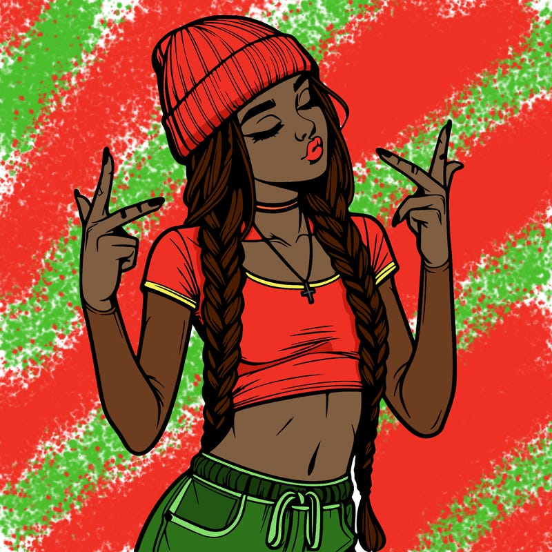 realistic teenage girl with braids and a beanie and crop top doing 🫶🏼