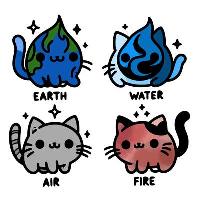 4 cats that represent the different elements, earth, water, air, and fire