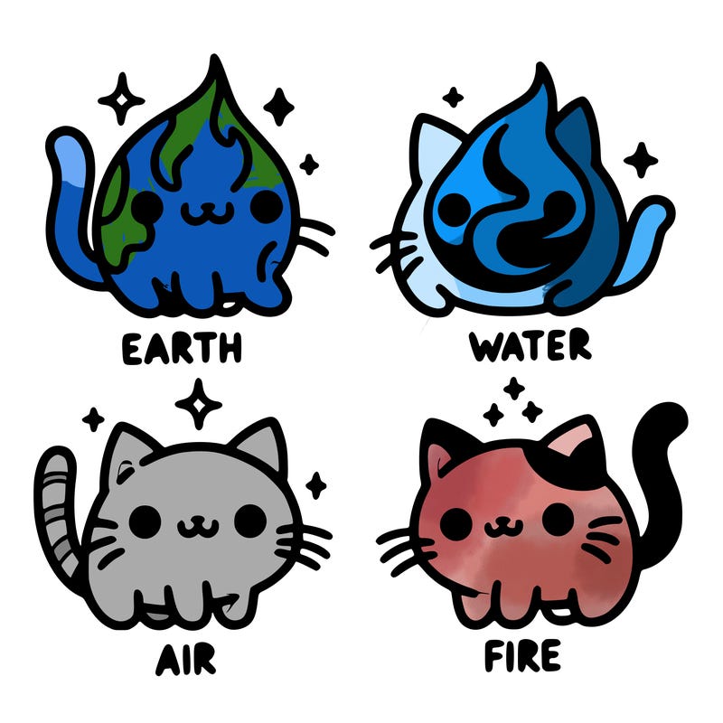 4 cats that represent the different elements, earth, water, air, and fire