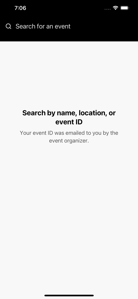 Wolters Kluwer Events - Pantalla de búsqueda de la aplicación Eventos Wolters Kluwer que muestra opciones para buscar por nombre del evento, ubicación o ID del evento
