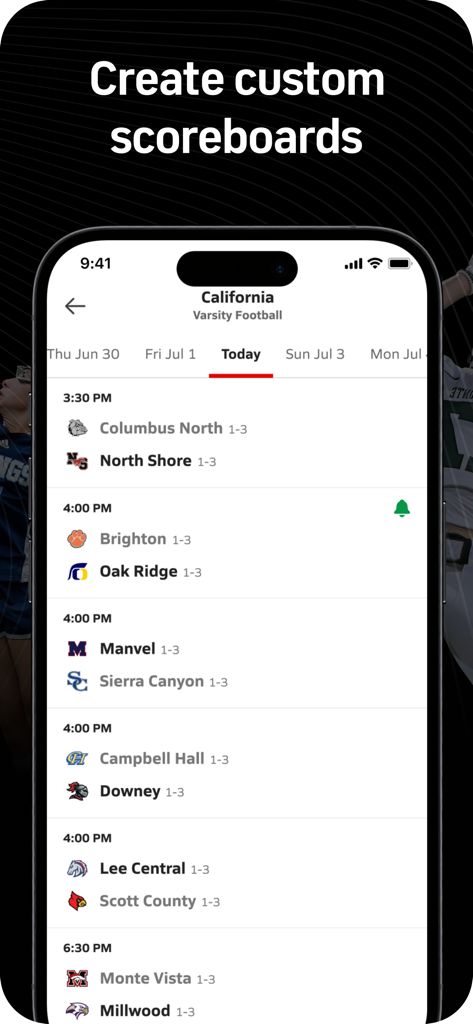 MaxPreps mobile app screen showing a custom scoreboard for California varsity high school football games