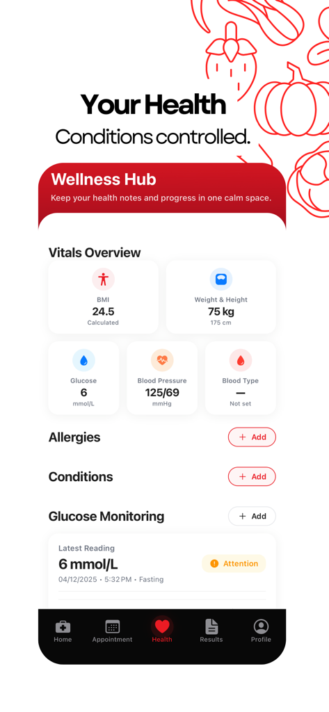 Vitals AI - Health - A health dashboard in the Vitals AI app displaying vitals like BMI, weight, glucose, and blood pressure.