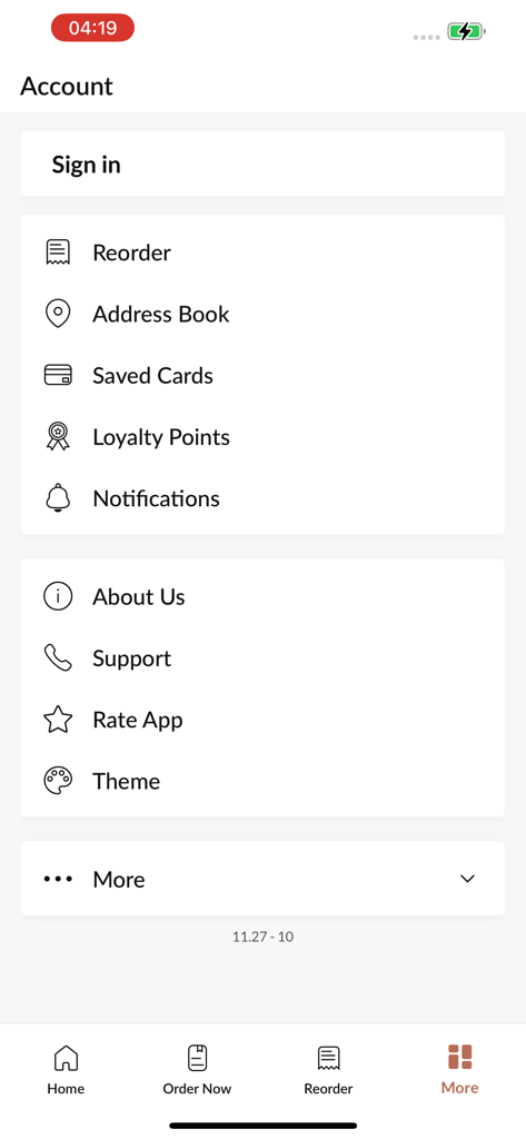We Cook. - Account settings interface for the We Cook app featuring sections for signing in, managing addresses, and loyalty points.