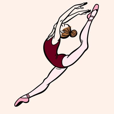 gymnast doing a leap in a leotard with a bent back leg