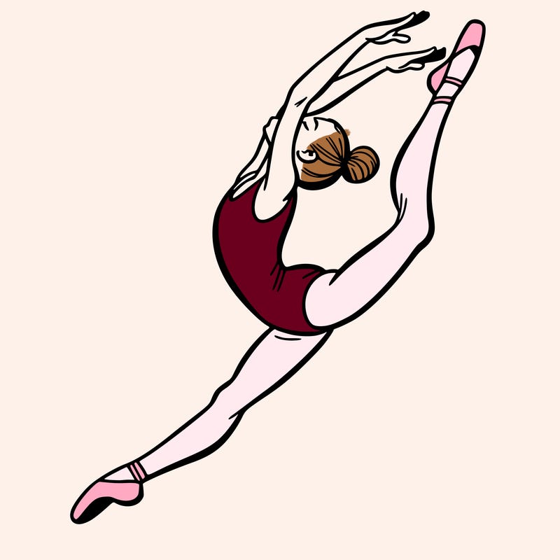 gymnast doing a leap in a leotard with a bent back leg