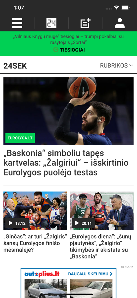 Interface of the 24sek basketball news app featuring articles and videos about the EuroLeague and Lithuanian teams