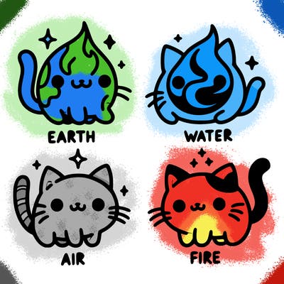 4 cats that represent the different elements, earth, water, air, and fire