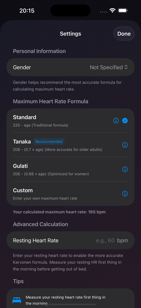 The settings screen of the HRZones app displaying different heart rate calculation formulas like Tanaka and Gulati in dark mode.