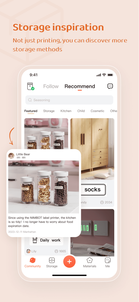 NIIM - NIIM App-Oberfläche, die Aufbewahrungsinspirationen und beschriftete Küchenbehälter aus der Benutzergemeinschaft zeigt.