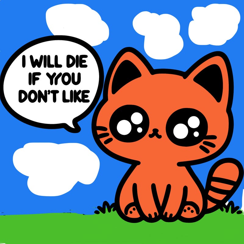 a cute little cat saying in a text bubble, i will die if you don’t like
