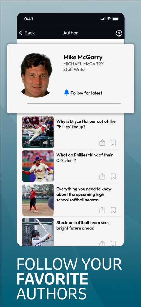 The Press of Atlantic City - Interface of The Press of Atlantic City app showing a staff writer profile with a button to follow for latest news updates