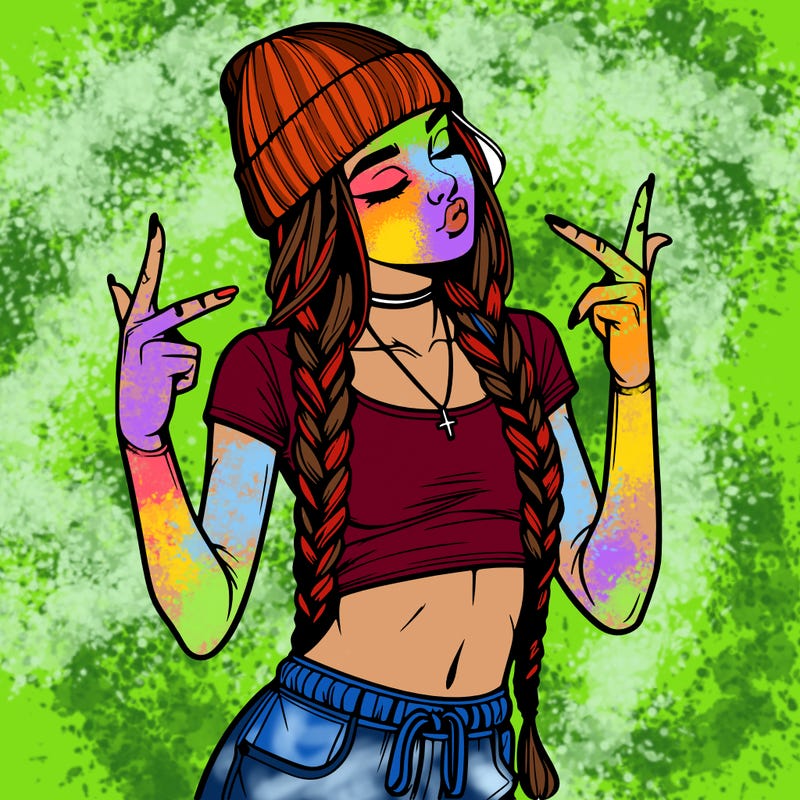 realistic teenage girl with braids and a beanie and crop top doing 🫶🏼