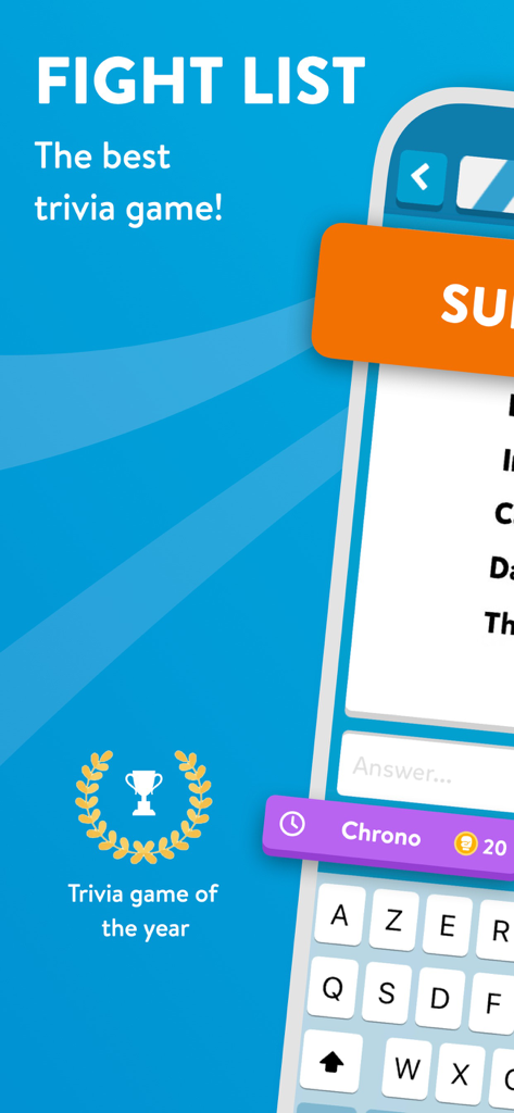 Interface of the Fight List categories trivia game on a smartphone with a trophy icon.