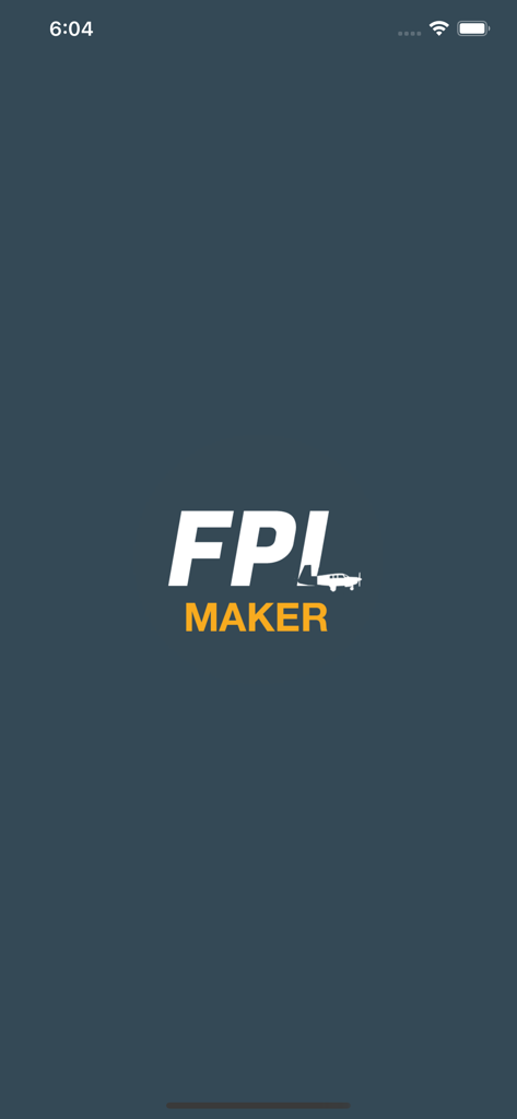 Flight Plan Maker (FPL Maker) - Tela de apresentação do aplicativo Flight Plan Maker mostrando o logotipo do FPL Maker e um ícone de avião em um fundo escuro