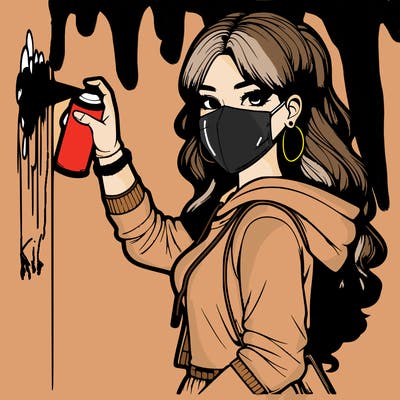 realistic girl with mask spray painting a wall