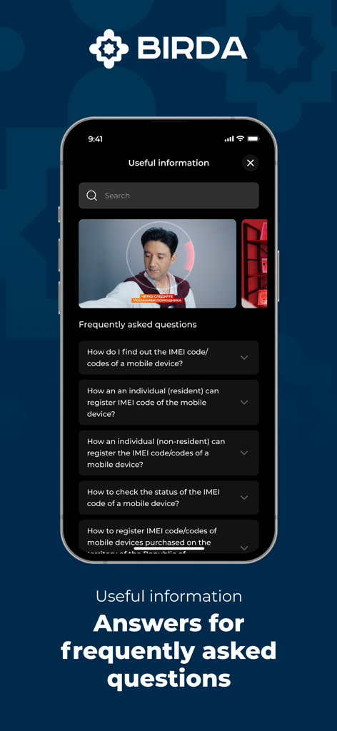 Register IMEI in Uzbekistan - BIRDA app screen displaying frequently asked questions about IMEI registration in Uzbekistan.