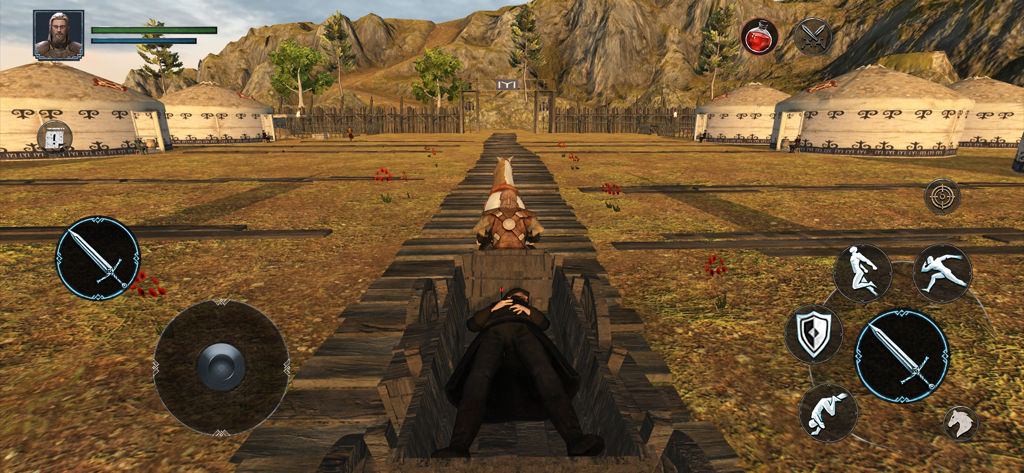 Ertugrul Gazi 3: RPG Battle - Un personaje en Ertugrul Gazi 3 montando a caballo mientras tira de un carro a través de un campamento de aldea tribal con montañas al fondo.