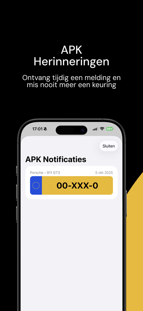 Tela do aplicativo Kenteken Scanner exibindo lembretes de inspeção de APK para um Porsche