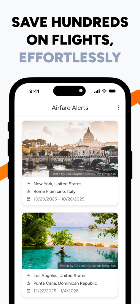 Interface do aplicativo Alertas de Passagens Aéreas mostrando rotas de voo rastreadas de Nova York para Roma e Los Angeles para Punta Cana.