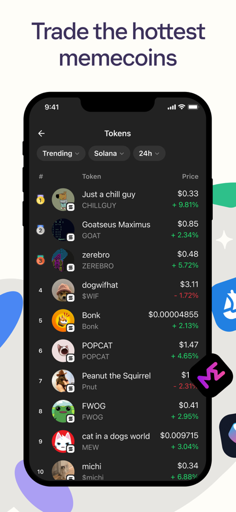 Écran de l'application mobile Phantom Crypto Wallet montrant les memecoins tendance et leur performance sur le marché