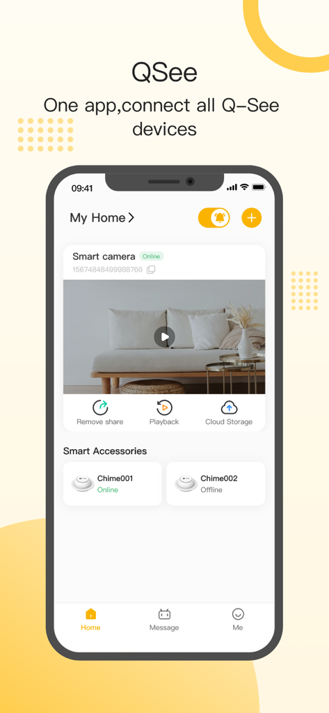 Qsee - Smart Home - Qsee Smart Home app home screen showing live camera feed and smart accessories