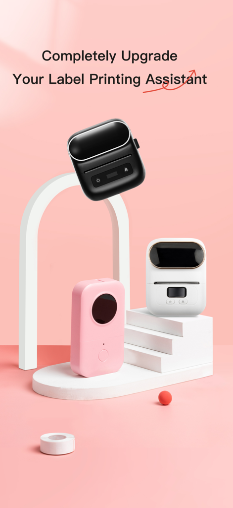 Three stylish portable label printers in black white and pink colors on aesthetic stands