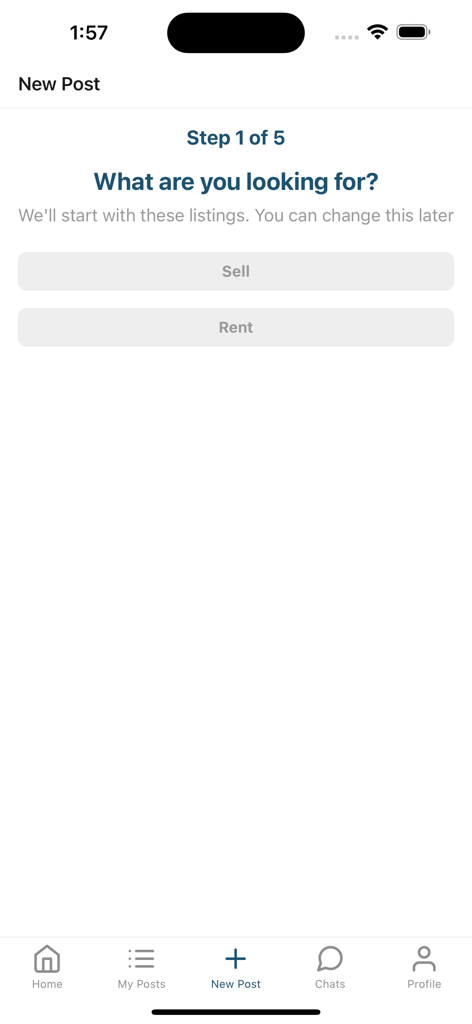3ikary - Screenshot of the 3ikary app showing the first step to create a new post with options to sell or rent a property