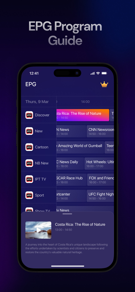 IPTV Smarters Player PRO - Pantalla de Guía Electrónica de Programación en la aplicación IPTV Smarters Player PRO que muestra horarios de TV y listas de canales
