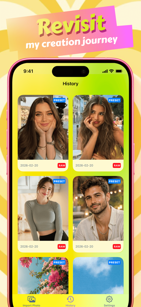 Nexil - Share Without Worry - Nexil app history screen showing a grid of photos with metadata status labels