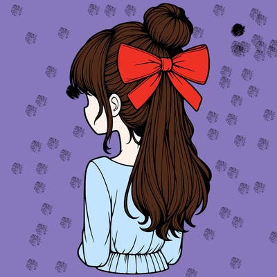 realistic girl  with hip length hair a bun and a big bow on the back of head