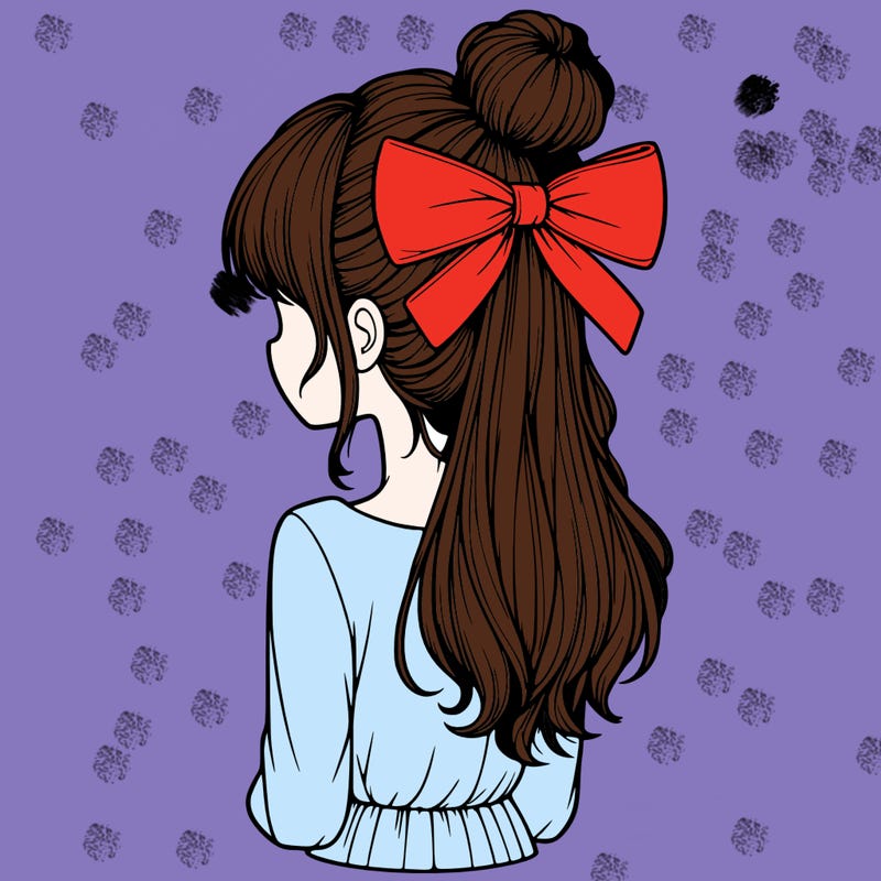realistic girl  with hip length hair a bun and a big bow on the back of head
